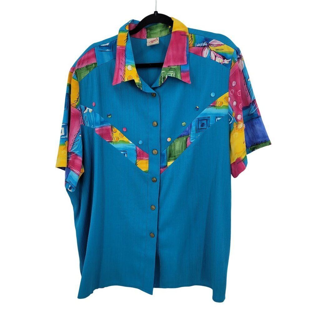 Vtg 80s Blue Button-Up Womens Shirt Plus Size 24W Colorful Kidcore Clowncore‎
